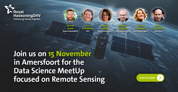 Register for the 15th of November to expand your knowledge and grow your network. Join us in Amersfoort for the 16th edition of the Data Science MeetUp, "Heavenly perspectives: challenges in Satellite Data Monitoring", hosted by Royal HaskoningDHV.