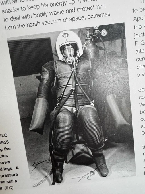 Black and White Magazine Clipping: A vintage space suit prototype being tested, with a person fully geared, including a helmet and breathing apparatus.