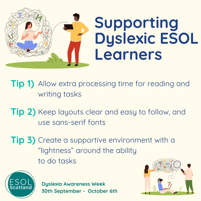 Graphic with 3 tips for supporting adults learning English who might be dyslexic. 
Tip 1 - Allow extra processing time for reading and writing tasks
Tip 2 - Keep layouts clear and easy to follow
Tip 3 - Create a supportive environment
Dyslexia Awareness Week 2024