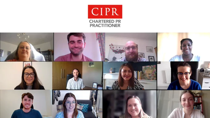 Screenshot of CIPR members in their virtual Chartership assessments with the CIPR Chartered PR Practitioner logo displayed at the top.