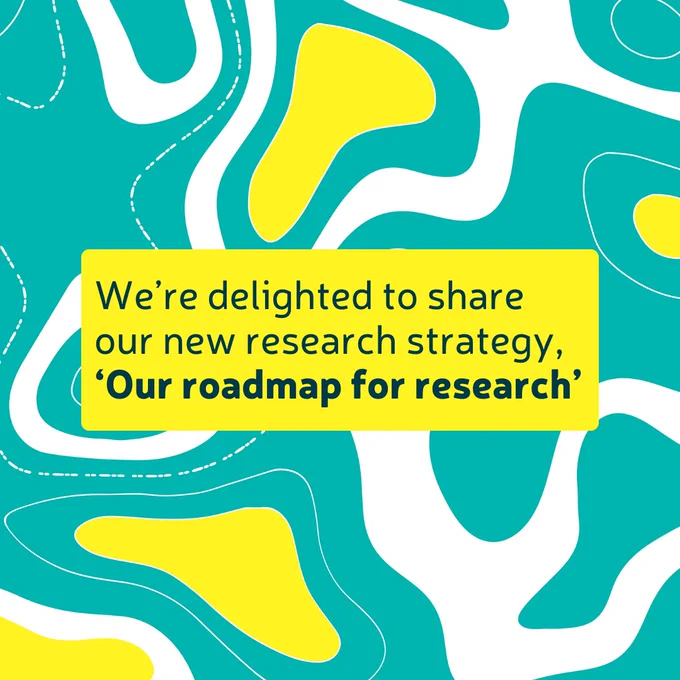 In the background is a abstract design. In a yellow box it says 'We’re delighted to share our new research strategy, ‘Our roadmap for research’.