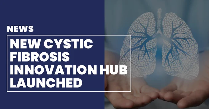 An illustration of lungs with text overlaid that reads, 'News: New cystic fibrosis innovation hub launched'