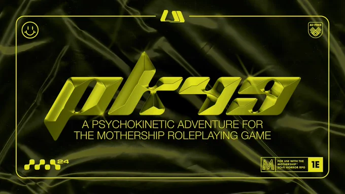 An image of the PK49 in a Y2K font over a yellow-green plastic background with various Mothership logos.
