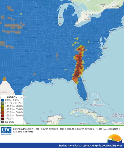 Map of the Southeastern United States showing real-time power outages categorized by percentage, with a color-coded legend ranging from 0% to more than 70%. 