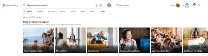 Bing search page UI with carousel of Bing generative search queries to demo and explore