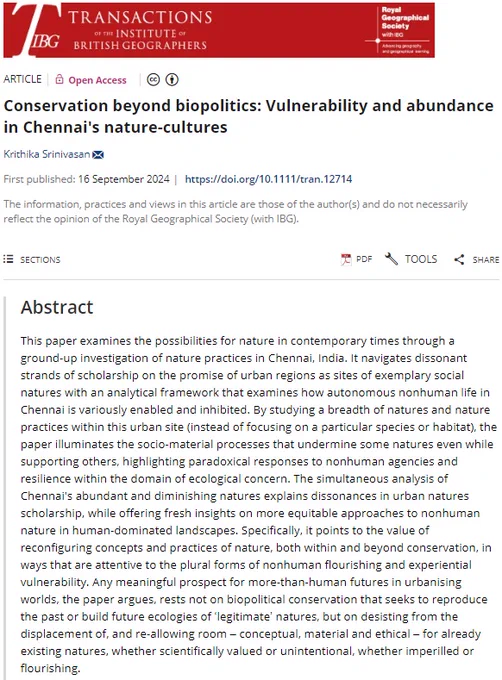 Title and abstract for 'Conservation beyond biopolitics: Vulnerability and abundance in Chennai's nature-cultures' by Krithika Srinivasan in Transactions of the Institute of British Geographers. 