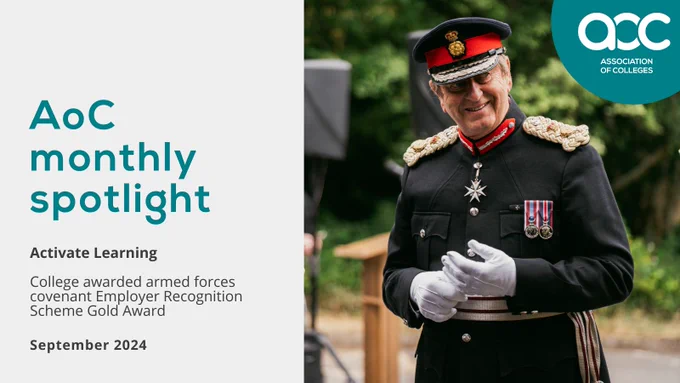 Graphic which reads: AoC monthly spotlight, activate learning, colleges awarded armed forces covenant Employer Recognition Scheme Gold Award, September 2024
