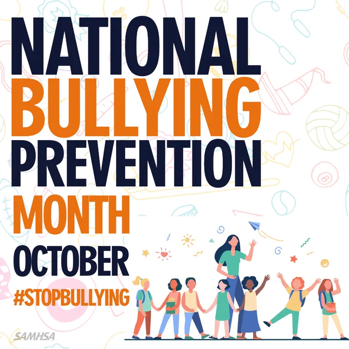 National Bullying Prevention Month, October, featuring a colorful illustration of adult and group of kids together with text tags #STOPBULLYING. 
