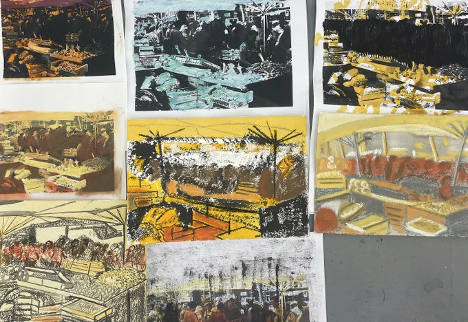 Studies of a market in various media.