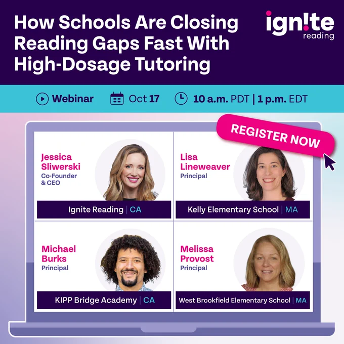 An ad for a webinar about schools closing reading gaps with high-dosage tutoring