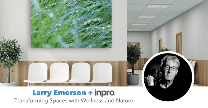 Rendering of a clinic waiting room with one of Larry Emerson's photographs. 

Portrait of Larry Emerson

Text reads: Larry Emerson   Inpro. Transforming Spaces with Wellness and Nature.