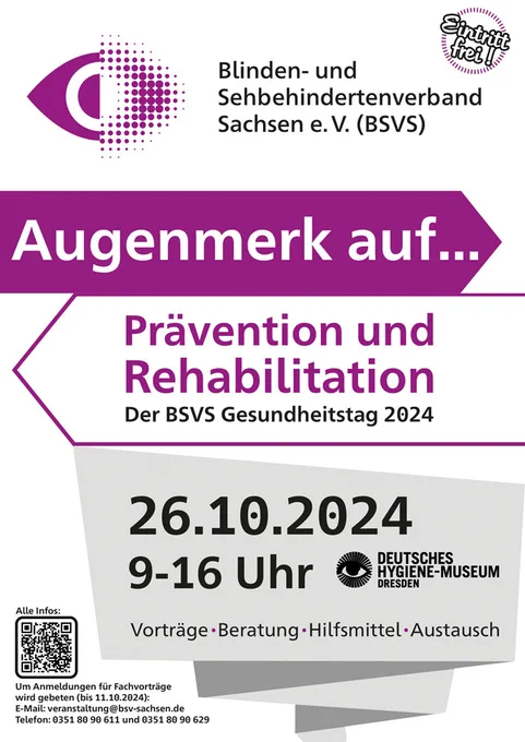 Plakat zum BSVS Gesundheitstag 2024 in den Farben purpur, grau und schwarz.