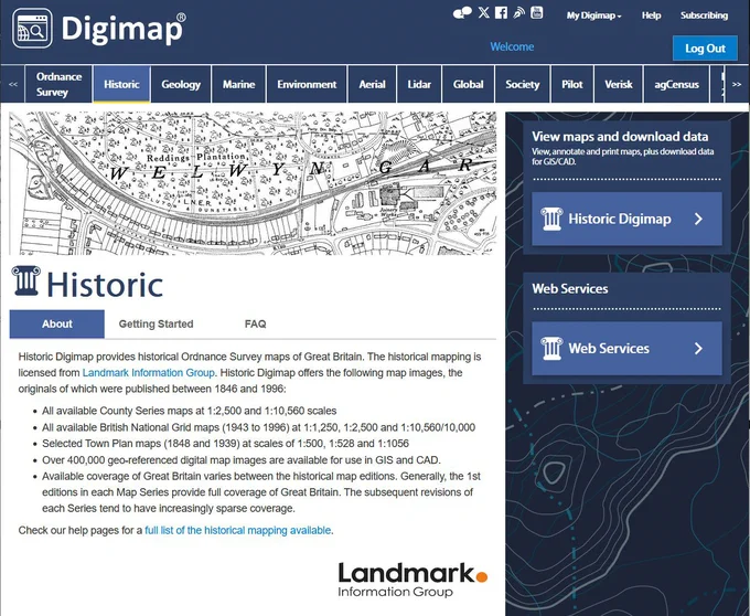 Screenshot of Digimap Historical collection homepage