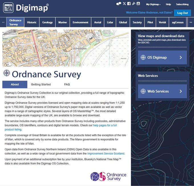 Screenshot of Digimap Ordnance Survey Collection homepage