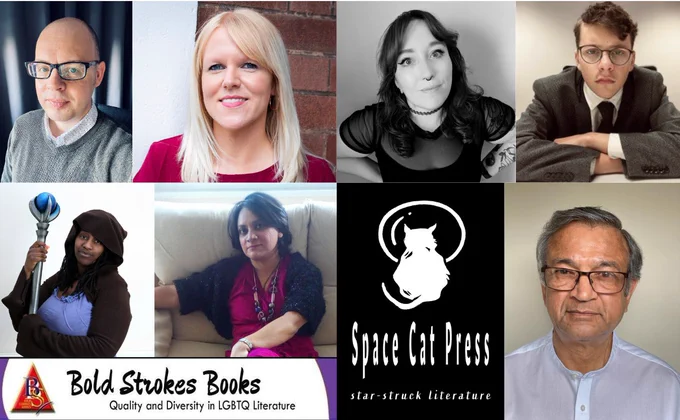 A montage of photo's of authors