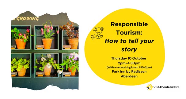 Graphic courtesy of VisitAberdeenshire.
With a yellow shape with venue, date and times.  A picture of six terracotta flower pots & the VA logo.