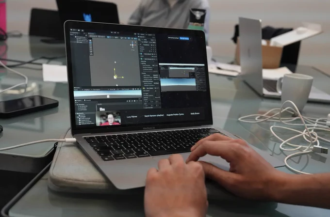 Staff members at our office using Unity 3D to create objects in virtual reality