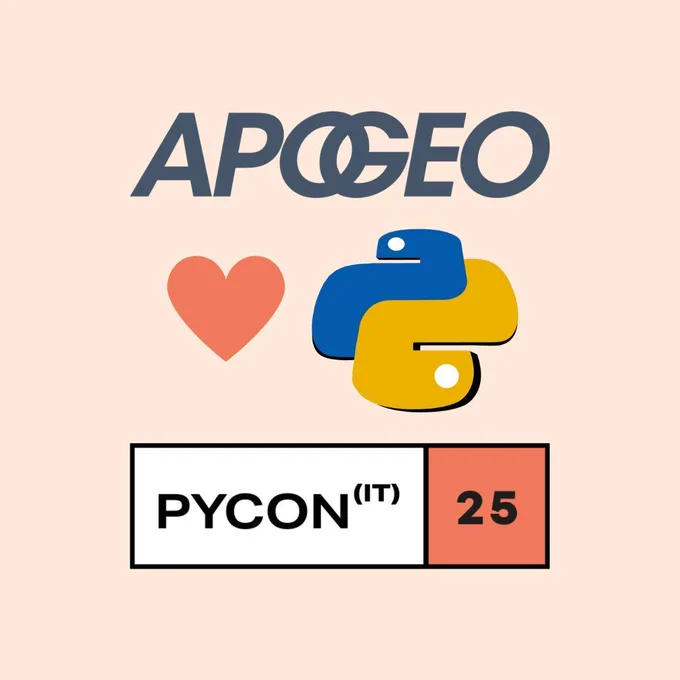 Grafica con il logo di Apogeo, un cuore e il logo del linguaggio di programmazione Python, accompagnati dal testo 'PYCON(IT) 25' in un riquadro. Il design promuove un evento legato a Python e Apogeo, mostrando supporto per la comunità Python Italia.