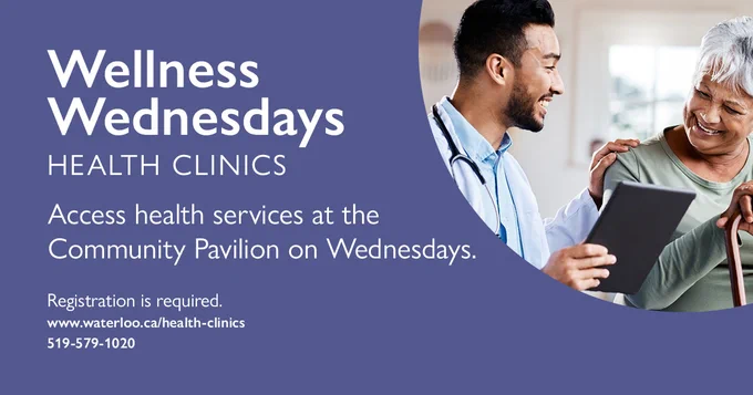 Advertisement for Wellness Wednesdays at the Community Pavilion featuring a healthcare professional assisting an older adult with a tablet. Text promotes health clinic services available every Wednesday with registration details and contact information provided.