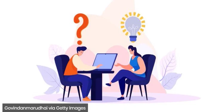 Graphic courtesy of NCSC and from Gavindanmarudhai via Getty Images.  Two cartoon animations of people sitting on two chairs, looking at a blank laptop screen.