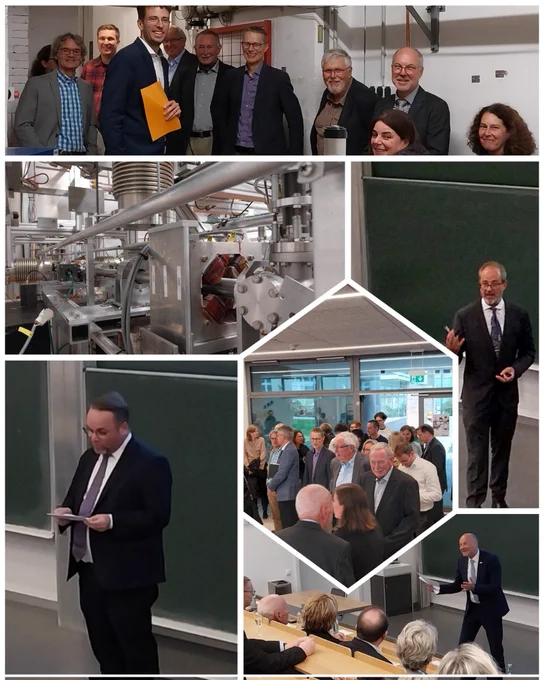 Collage of photographs of scientists, staff, and politicians visiting the superconducting electron linear accelerator S-DALINAC at TU Darmstadt 