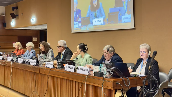 A photo of the panel of experts and Member State representatives who are speaking at the UN International Day of Older Persons commemorations in Geneva, Switzerland.
