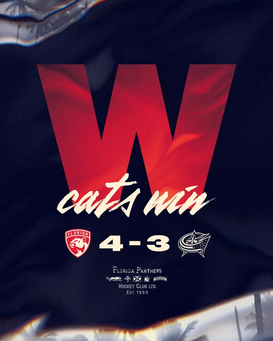 Blue background graphic with a red "W" in the middle above tonight's score: 4-3, us.