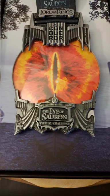 Close-up photo of a medal. It has a huge burning eye shape in the middle, which is standing between two metal structures with pointy sides.

Text reads:
- The Conqueror
- The Eye of Sauron Virtual Challenge
- 668 miles / 1075 kilometers