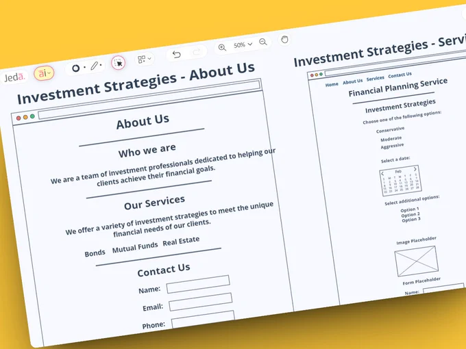 #PromptOfTheDay 📷 "Website: Investment Strategies; Page: About Us" and "Website: Investment Strategies; Page: Service".

➡️ Try today at https://www.jeda.ai/generative-ai-wireframe

#JedaAI #GenerativeAI #ChatGPT #GPT4 #VisualPrompt #AI #Wireframes #UI #UX #Design #WebDesign