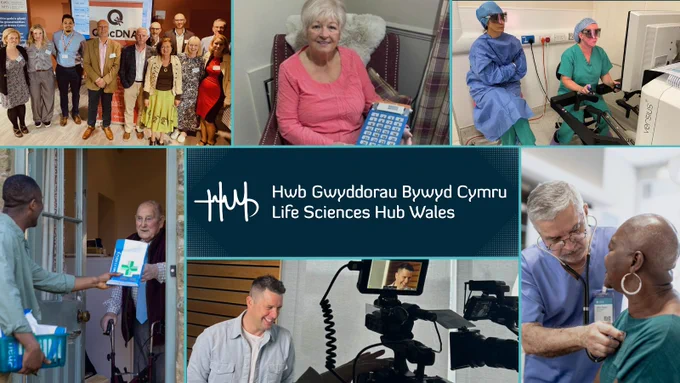 A collection of photos from projects that Life Sciences Hub Wales has supported, with the Life Sciences Hub Wales logo in the middle.