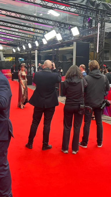 a red carpet photo: a woman in a gold dress in the background poses for 3 photographers in black suits who can be seen in the foreground