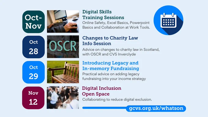 List of 4 upcoming event dates including Digital Skills Training sessions, changes to charity law info session, legacy fundraising session and a digital inclusion open space event