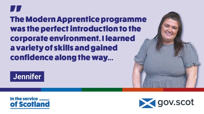 An image of Jennifer alongside a quote:

"The Modern Apprentice programme was the perfect introduction to the corporate environment. I learned a variety of skills and gained confidence along the way..."