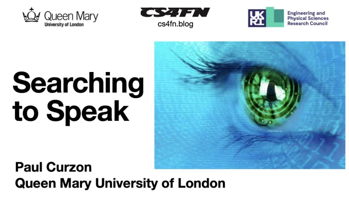 Searching To Speak cover slide An eye reflecting a computer interface