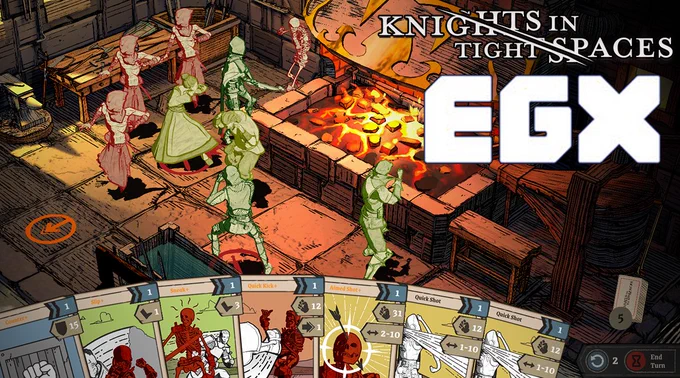 screenshot of knights in tight spaces with attack cards along the bottom.
The logos "Knights in Tight Spaces" and "EGX" listed on the top corner.