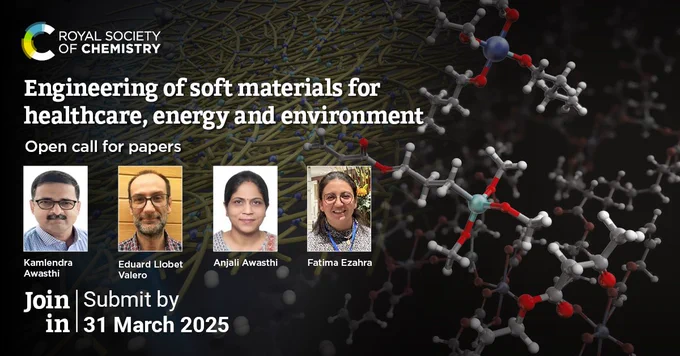 Promotional slide for a themed collection on engineering of soft materials for healthcare, energy and environment. photos of guest editors Kamlendra Awasthi, Eduard Llobet Valero, Anjali Awasthi and Fatima Ezahra. Submit by 31 March 2025