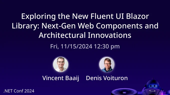 Banner introducing our #dotnetconf session and featuring our photos