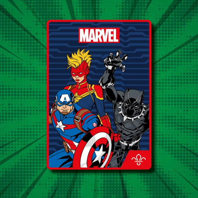 Marvel badge featuring illustrated characters Captain America, Black Panther, and Captain Marvel on a vibrant green background.