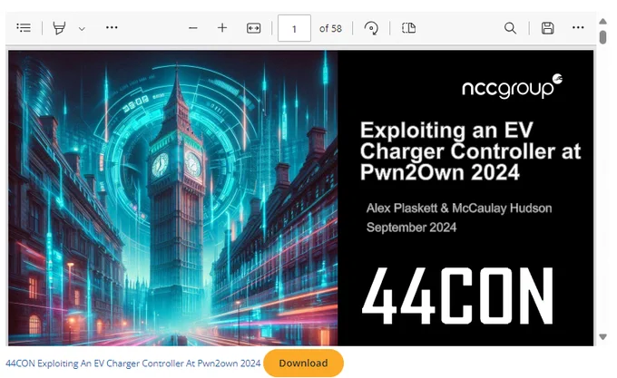 Cover slide of the presentation slides for the talk given at 44CON about Exploiting an EV Charger Controller by Alex Plaskett & McCaulay Hudson - Sept. 2024