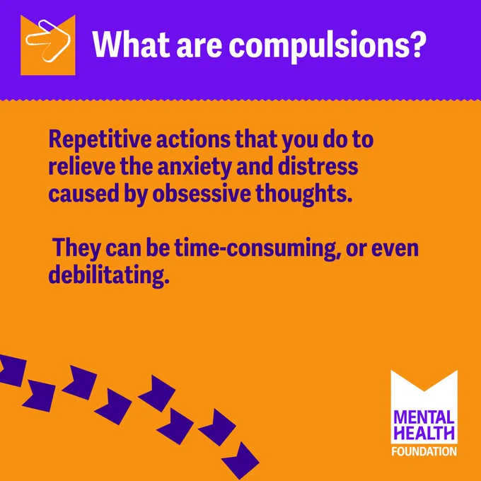 Graphic with text:
What are compulsions 
Repetitive actions that you do to relieve the anxiety and distress caused by obsessive thoughts. They can be time-consuming, or even debilitating. 