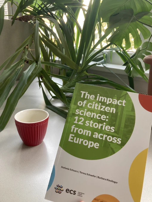 Cover and sample of internal pages of the book  "The impact of citizen science: 12 stories from across Europe"