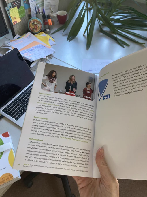 Cover and sample of internal pages of the book  "The impact of citizen science: 12 stories from across Europe"