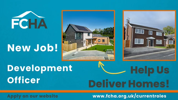Text on image = New Job! Development Officer. Help us deliver homes! Apply on our website. a yellow arrow pointing to 2 images of homes. One is a house with solar panels and a wooden room attached to the side. The other is a red brick house with 5 windows and a big driveway. 