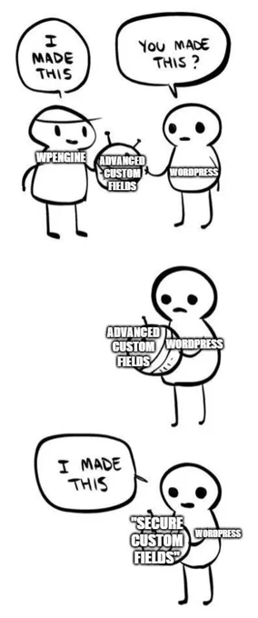 The I made this, you made this? - I made this meme, between WPEngine and WordPress, with Advanced Custom Fields being the mcguffin being renamed secure custom fields.