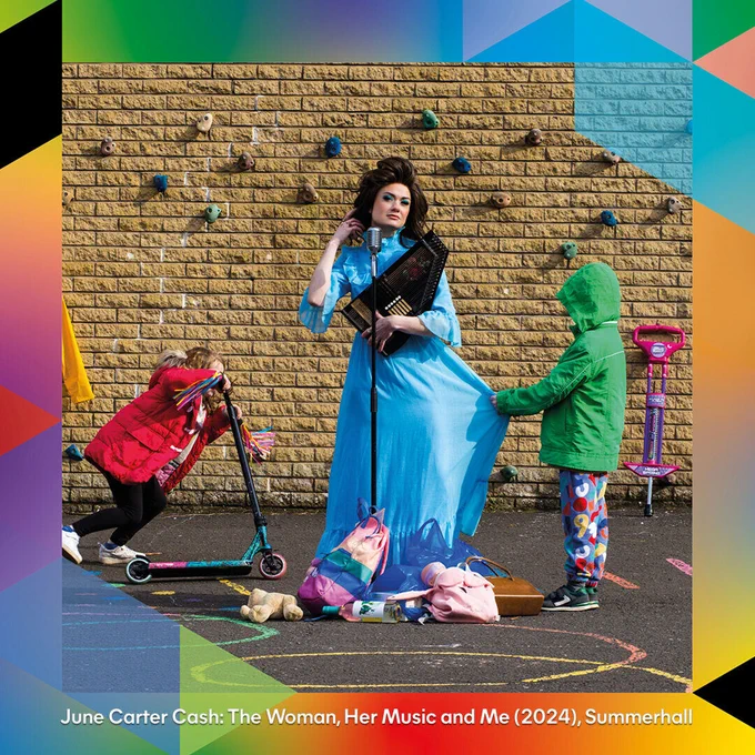 A musician poses in a playground while a child tugs at her dress. From June Carter Cash: The Woman, Her Music and Me (2024), Summerhall.