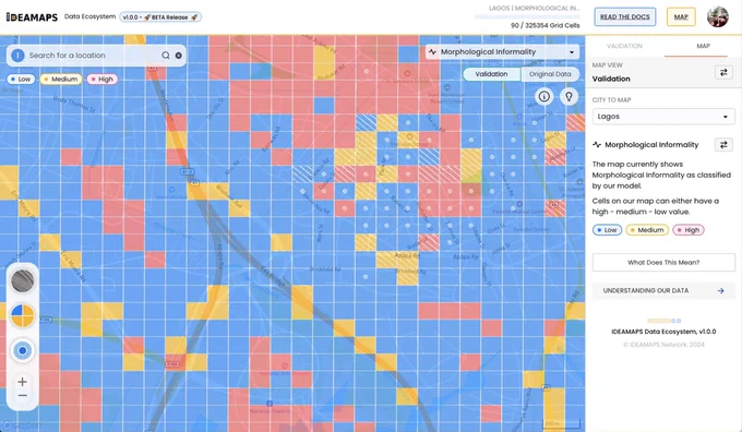Preview of the IDEAMAPS Data Ecosystem platform showing colored grid cells that represent model classifications on Morphological Informality.