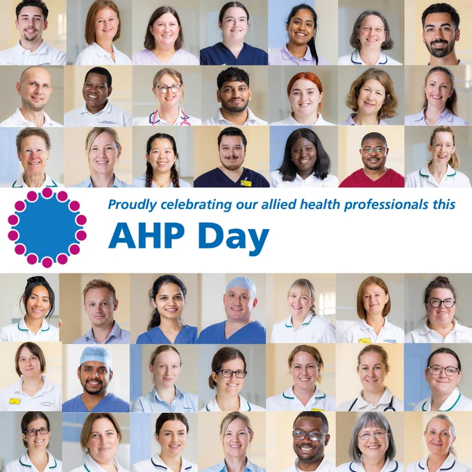 A collage of various AHP staff members. Text reads 'proudly celebrating our allied health professionals this AHP Day'