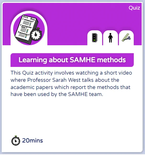 Front card for the SAMHE Web App activity with the title 'Learning about SAMHE methods', description as per the post and icons indicating that it is a quiz activity that takes 20 minutes and can be done by a pupil on their own.