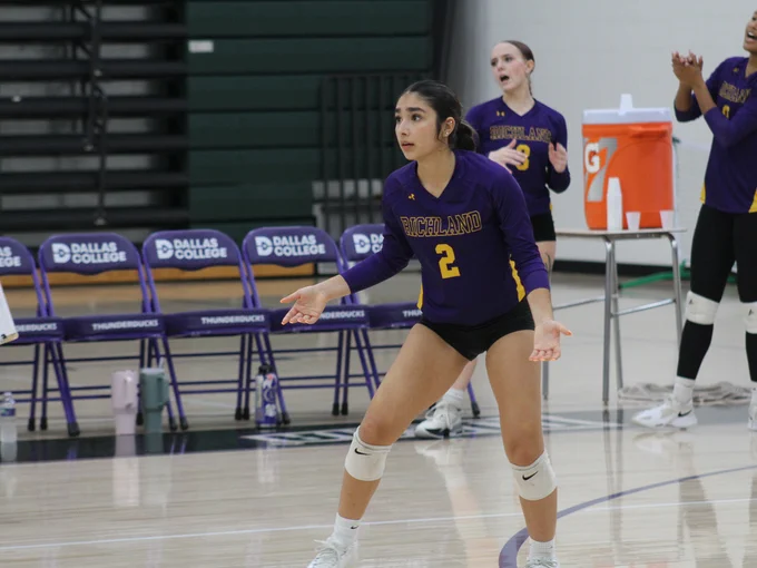 Dallas College Richland's Myra Memon (getting into a defensive position, awaiting a serve) was chosen as the Dallas Athletic Conference Volleyball Defensive Player of the Week. 