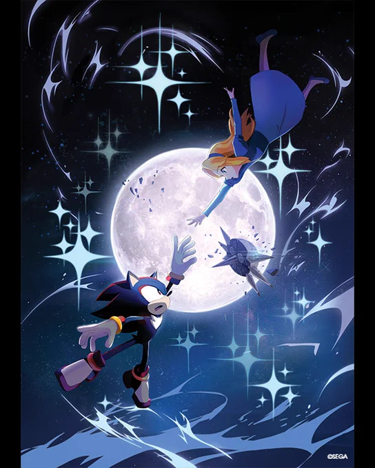 Shadow and Maria reach out for one another in an infinite abyss (as long-lost siblings would) with the Moon and the Space Colony ARK in the background.